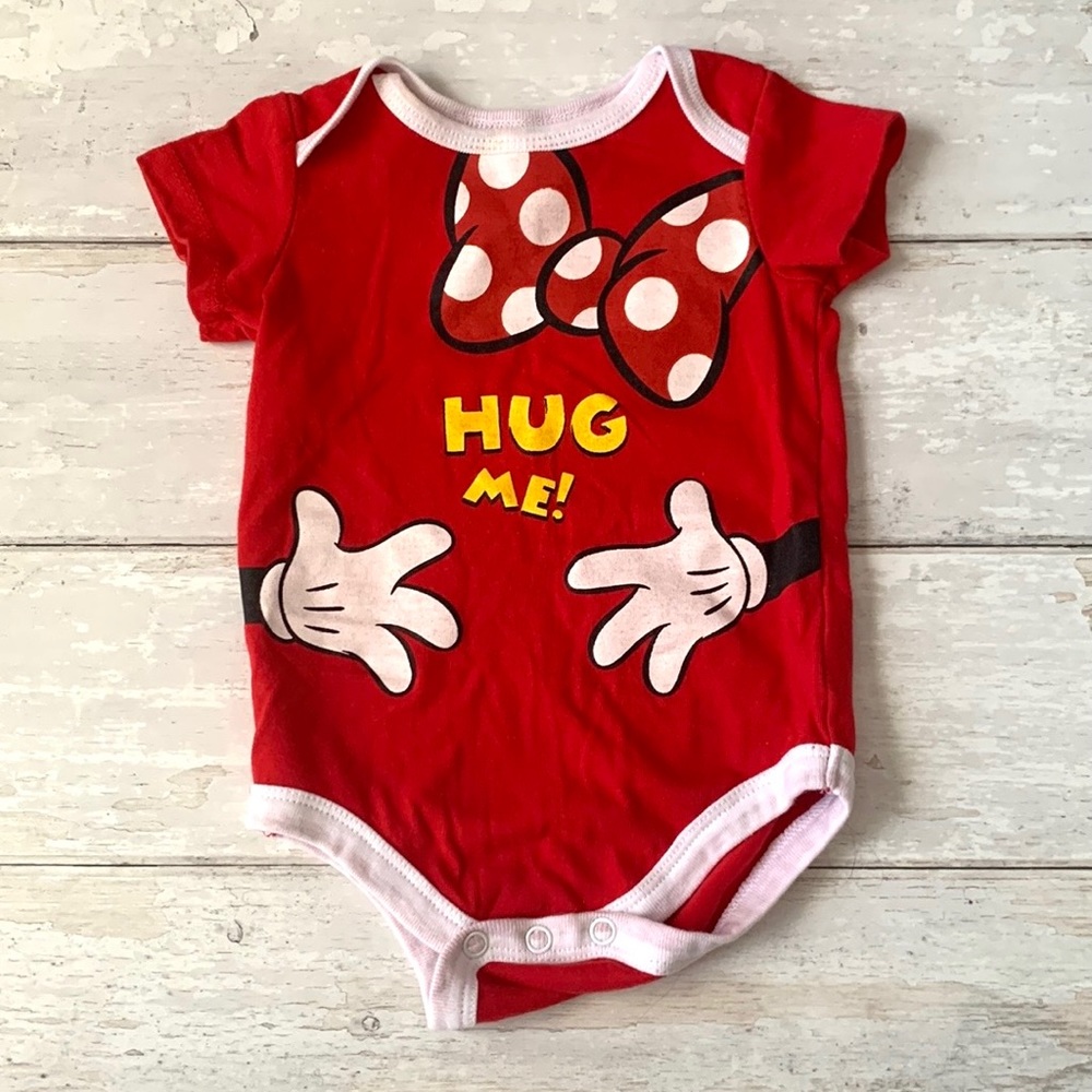 Disney Baby 3-6m Minnie Mouse Baby Girl Onesie Red White Hug Me! 3m 6m